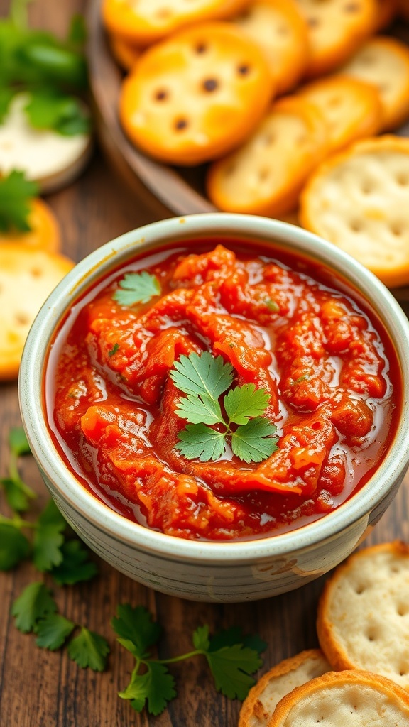 Spicy Tomato Chutney Recipe A bowl of spicy tomato chutney garnished with coriander leaves, served with bread and crackers on a rustic table.
